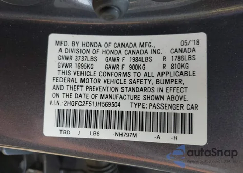 2018 Honda Civic Lx z USA, uszkodzony, nr VIN 2HGFC2F51JH569504
